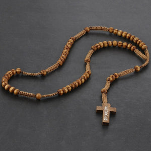 Round Saint Benedict Medal Antique Wooden Rosary Necklaces Cross Pendant for Women Religious Jesus Jewelry Mother Gifts NC083