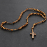 Round Saint Benedict Medal Antique Wooden Rosary Necklaces Cross Pendant for Women Religious Jesus Jewelry Mother Gifts NC083