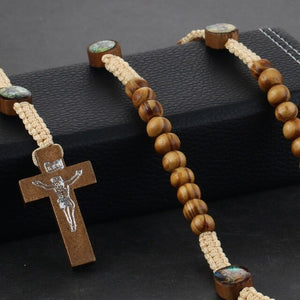 Round Saint Benedict Medal Antique Wooden Rosary Necklaces Cross Pendant for Women Religious Jesus Jewelry Mother Gifts NC083