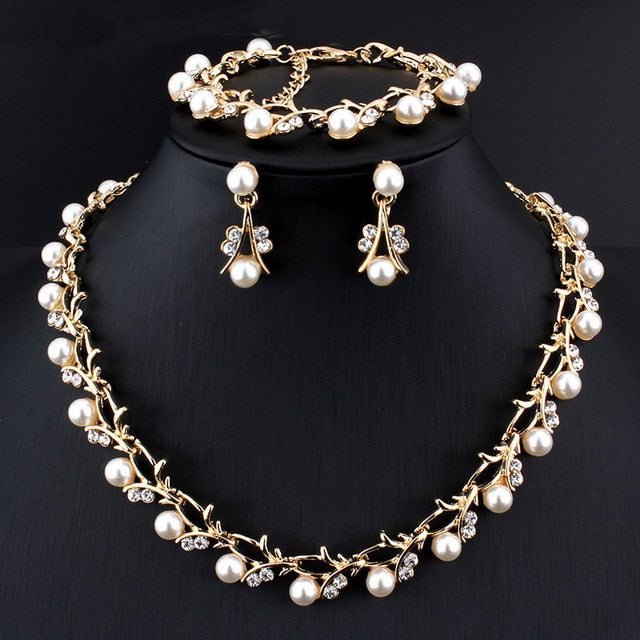 Weibang Pearl Jewelry Sets For Women African Beads Jewelry Set Wedding Imitation Crystal Bridal Dubai Necklace Jewelery Costume